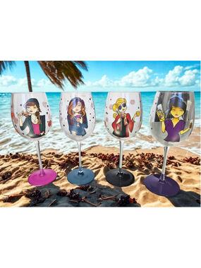 Handpainted Bottom's Up by 95 & Sunny, 4 Wine Glasses